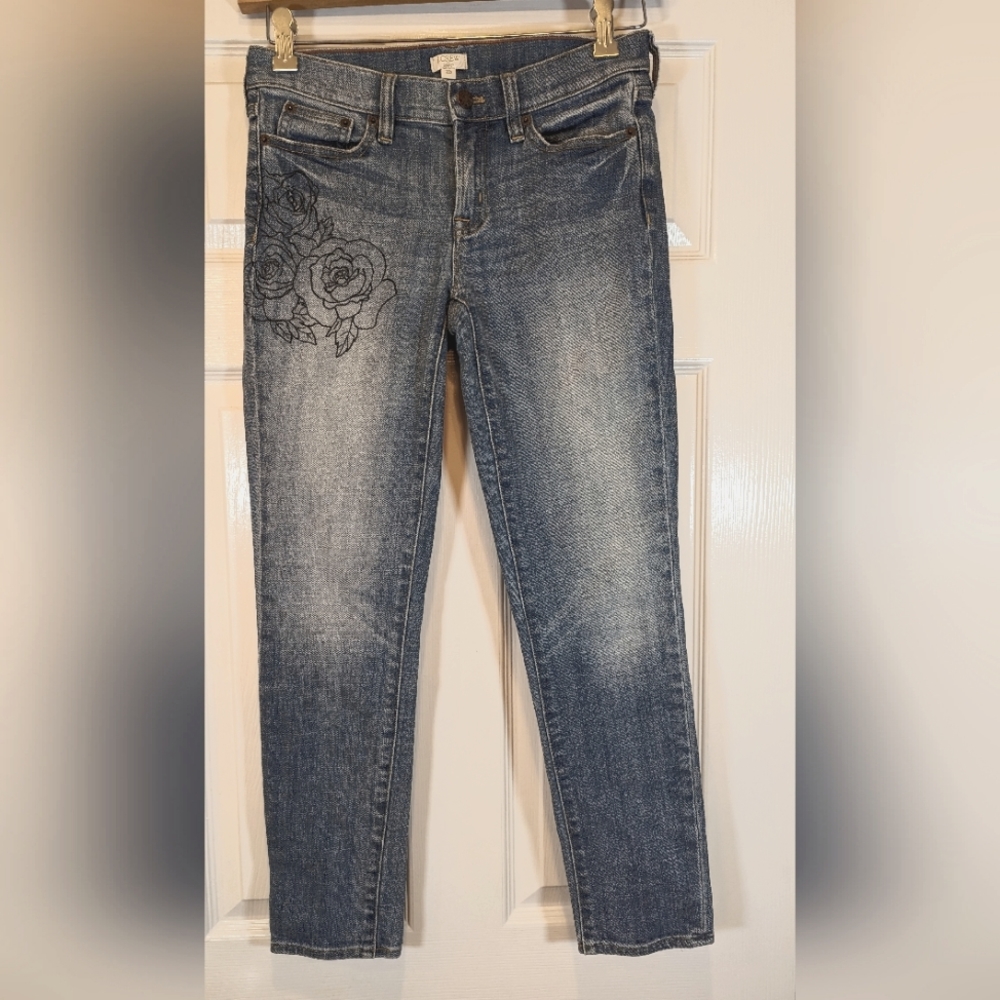 J.Crew Women's Stretch zip fly denim embroidery rose straight leg size 25
